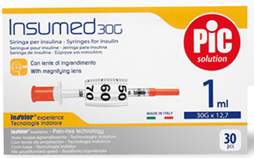 SIRINGA INSULINA PIC INSUMED 1 ML 100 UI AGO GAUGE 30 12,7 MM SENZA SPAZIO MORTO 30 PEZZI - FARMACIA33
