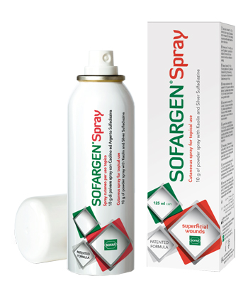 MEDICAZIONE IN POLVERE SPRAY CON CAOLINO E ARGENTO SULFADIAZINA 1% SOFARGEN SPRAY 10 G BOMBOLETTA PRESSURIZZATA 125 ML - FARMACIA33